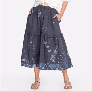 Johnny Was Blue Embroidered Midi Skirt